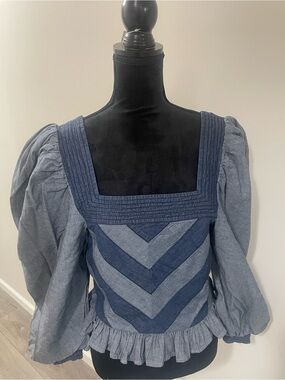 Square-Neck Puff-Sleeve Denim Blouse in Blue
